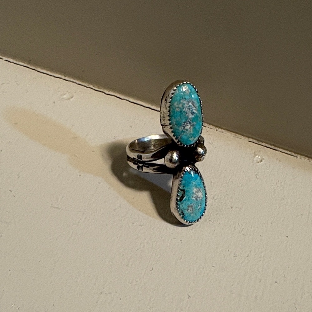 Turquoise Double Stone Sterling Silver Ring - Blue